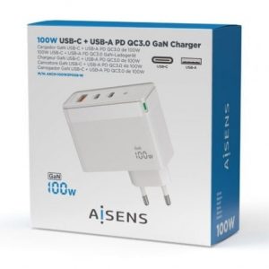 Cargador de pared gan aisens asch-100w3p008-w/ 2xusb tipo-c/ 1x usb/ 100w