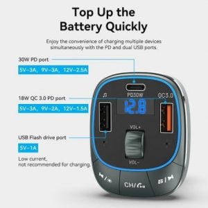 Transmisor fm/ mp3/ bluetooth vention fflb0/ 1xusb-tipo c/ 2xusb/ 30w